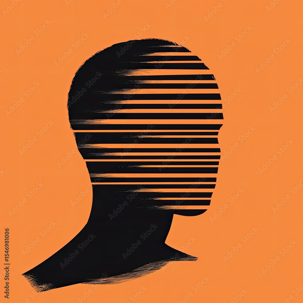Poster abstract profile of a head with horizontal lines obscuring the face, set against a vibrant orange ba