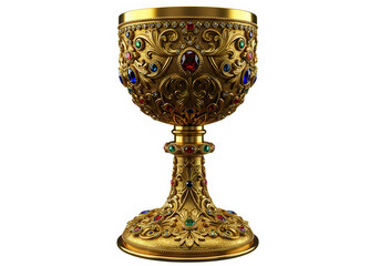 Ornate golden jeweled goblet chalice isolated on transparent background