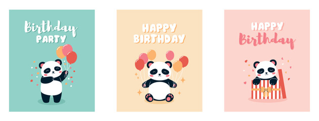 Set of birthday cards with pandas with balloons. Flat vector illustration.