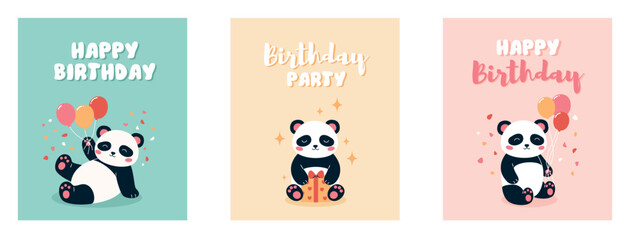 Set of birthday cards with cute pandas with balloons. Flat vector illustration.