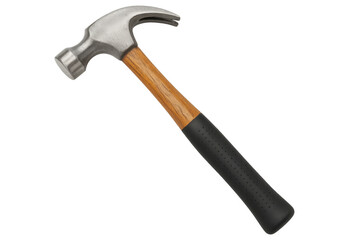 Studio shot of a claw hammer with wooden handle and black rubber grip, isolated on transparent background