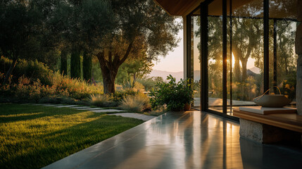 A light-filled interior room with a wooden floor and a large glass window or balcony door offers a luxury view of the home garden at sunset