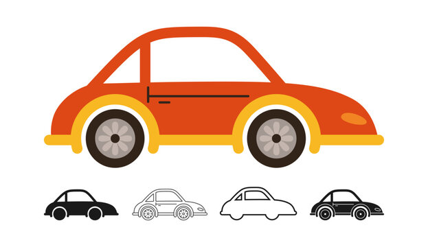 Simple retro Car icon symbol cartoon set. Hand drawn cute automobile car in multiple styles colored, silhouette, outline kid collection. Simple children funny auto transport icon vector illustration