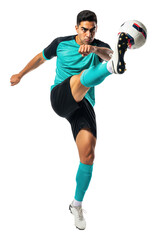 Fototapeta premium A professional soccer player executing a high volley kick. A dynamic footballer in a teal uniform connecting with the ball mid air for a powerful shot. Transparent PNG action shot.