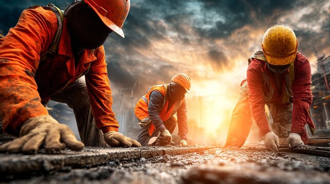 Construction workers install new roofs during sunset, showcasing teamwork and craftsmanship