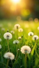 Vast field of fluffy dandelion clocks swaying gently in a summer breeze, bathed in warm golden sunlight A breathtaking scene of nature's beauty and delicate ephemeral wonder , wildflowers, white
