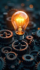 A lightbulb illuminates a complex network of interconnected gears, symbolizing the birth of a brilliant, innovative idea and the intricate process of its development , solution, creativity, lightbulb