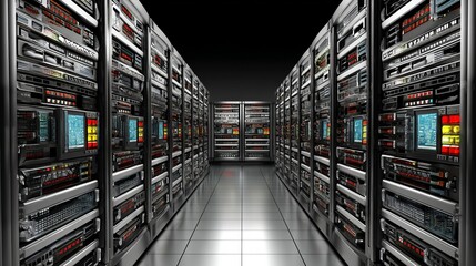 Modern data center interior with rows of server racks and electronic equipment