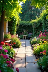 A vibrant patio garden overflowing with colorful flowers and lush greenery, creating a tranquil outdoor oasis perfect for relaxation Sunlight dapples the stone pavers , vegetables, terracotta pots