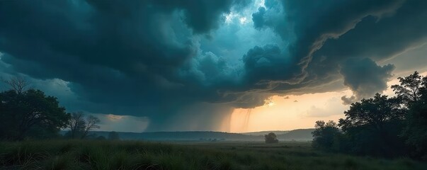 Epic dark storm clouds brewing over a dramatic landscape, windswept trees and ominous sky Perfect for fantasy, horror, or weather-related projects , wind, night, day