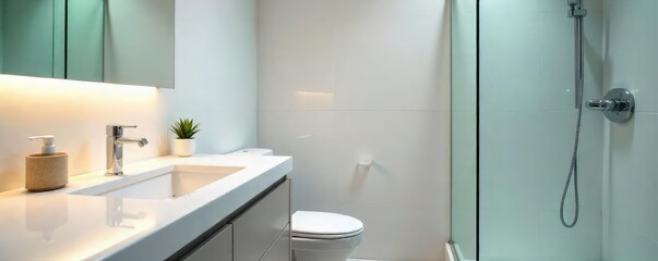 A sparkling clean bathroom, gleaming surfaces, freshly wiped down countertops and sink, a pristine toilet, and a spotless shower Ready for the next use , tile, grout