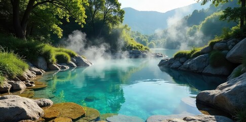 A serene natural hot spring pool, surrounded by lush green vegetation, steam rising gently into the clear sky  Ideal for relaxation and wellness themes ,  landscape,  warm,  vegetation