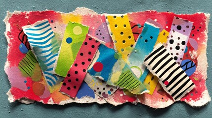 A playful collage using vibrant torn washi tape pieces create an abstract art, full of textures.