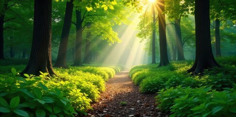 Sun-dappled forest path meandering through lush greenery, sunlight filtering through leaves, creating a magical atmosphere Perfect for nature, travel, and environmental themes , mystery, vegetation