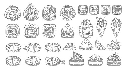 Sushi cartoon doodle set. Traditional Asian Japanese food big set. Different Sushi seafood Philadelphia, maki roll California, nigiri sashimi flat linear vector for oriental menu cafe bar restaurant