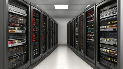 Modern data center interior with server racks and equipment in a clean, organized environment