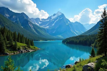 A breathtaking panoramic view of a pristine mountain range, lush forests, and a crystal-clear lake under a vibrant blue sky Perfect for travel, nature, and adventure themes , nature, calm, mountains