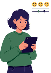 Young woman using tablet with mood slider and sad emoji vector illustration 