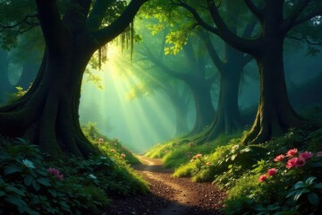 Sunbeams dapple a mystical forest path, winding through ancient trees draped in glowing moss and luminous flora Magic hangs heavy in the air, promising adventure , path, fairytale, sunlight