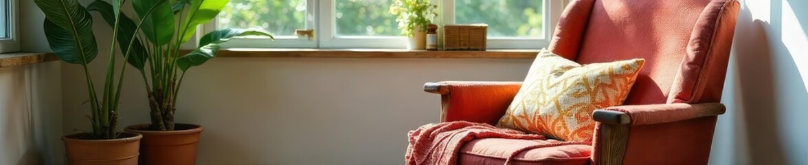 A relaxed arrangement of colorful cushions and throws casually draped over a rustic wooden armchair, creating a cozy and inviting atmosphere in a sun-drenched room , pillows, muted, pattern