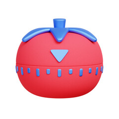 3D icon of a red tomato-shaped kitchen timer. For Pomodoro technique, time management method, focused work intervals, break reminders, and productivity enhancement.