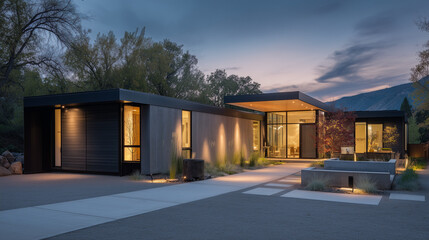 Obraz premium Modern home at dusk with warm interior lights, minimalist design. Cozy contemporary living in harmony with twilight.