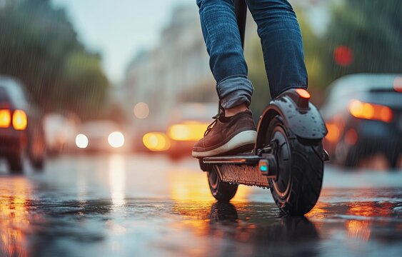 Person riding an electric scooter on a rainy city street at dusk.  Blurred traffic and city lights are visible in the background - Powered by Adobe