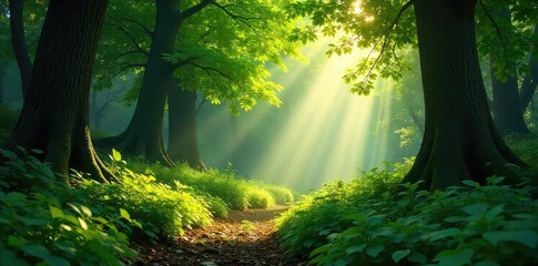 Fototapeta premium Sunlight streams through lush green leaves, illuminating a vibrant forest floor dappled with light and shadow; a scene of pure, untamed natural beauty , sunlight, summer