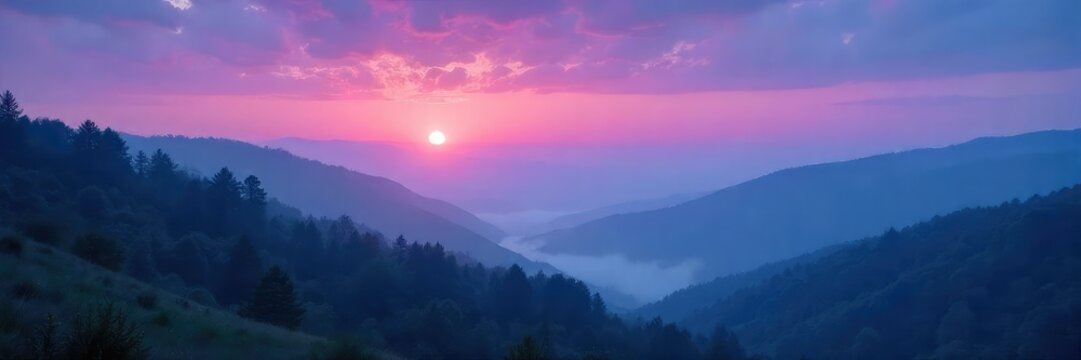 Mysterious, hazy twilight landscape Soft light paints the sky in muted blues and purples, obscuring distant hills Serene, ethereal atmosphere perfect for evocative imagery , calm, faded, blurry