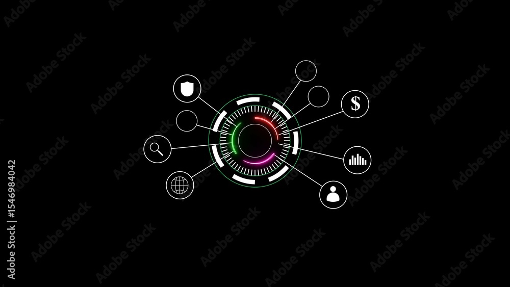 Poster futuristic circular diagram with icons representing financial data analysis information security and