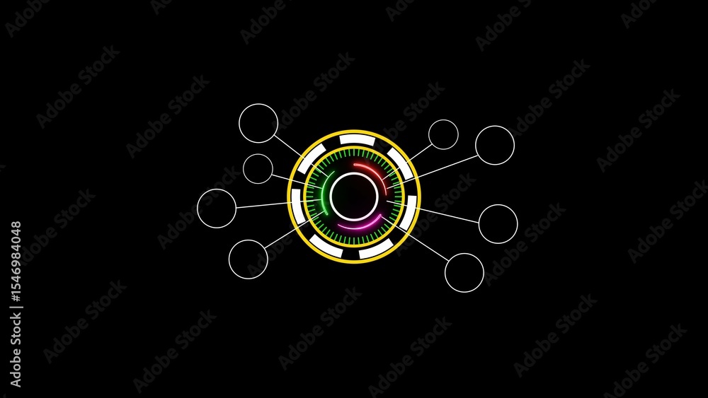 Poster futuristic technology interface with circular elements and data connection nodes on a dark backgroun
