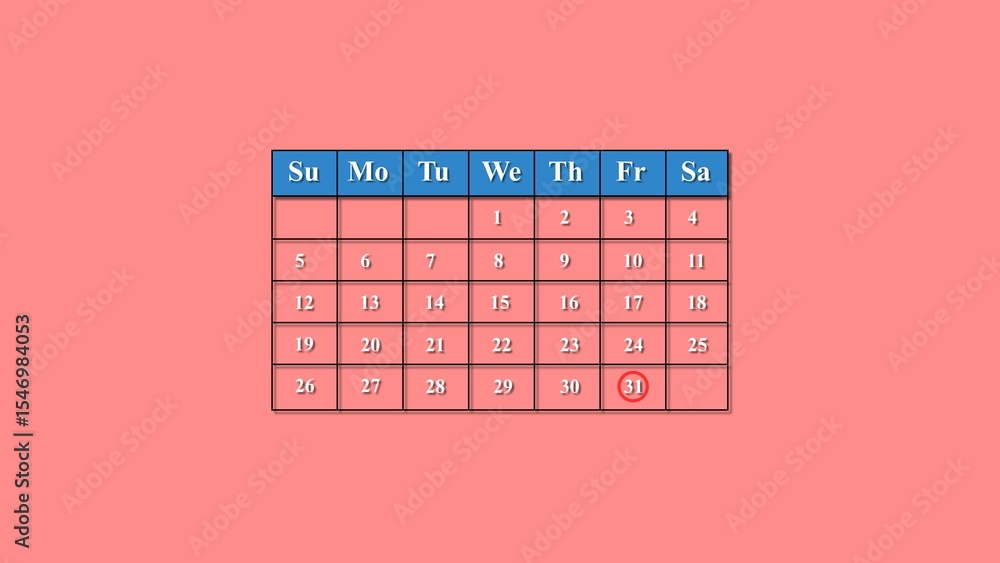 Poster digital monthly calendar showing the 31st day of the month highlighted in a red circle with a clean 