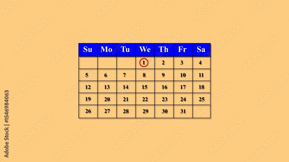 Poster a simple calendar displaying the first day of the month circled in red against a light brown backgro