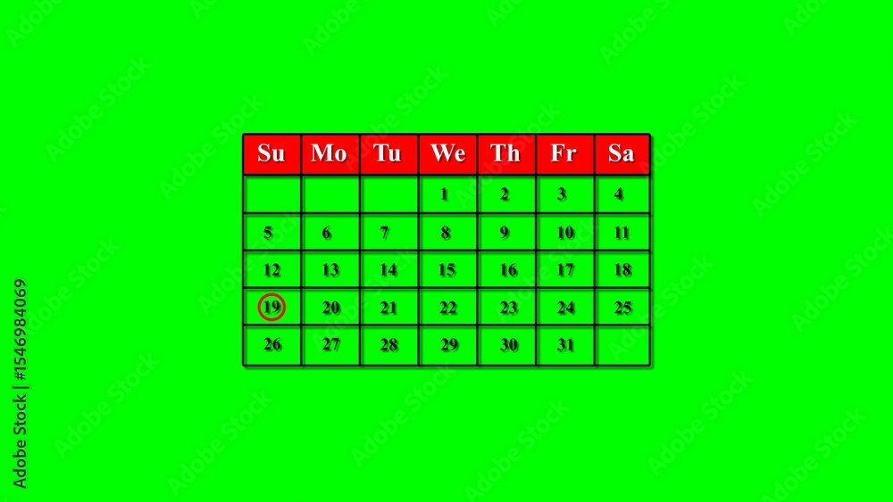 Poster a simple calendar on a bright green background with the date 19 circled in red providing a visual fo