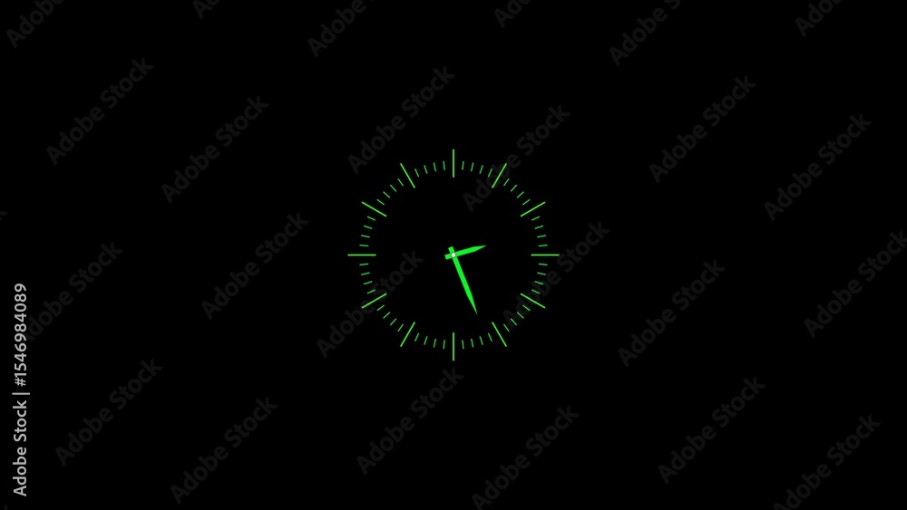Poster green glowing watch face representation on a black background depicting punctuality and timekeeping 