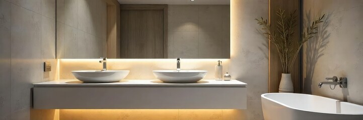 Fototapeta premium Sleek modern bathroom with large illuminated mirror, stylish faucets, and minimalist decor Perfect for interior design, home improvement, and luxury bathroom concepts , faucet, calm