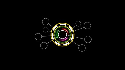 Futuristic technology interface with circular elements and data connection nodes on a dark background illustrating digital transformation