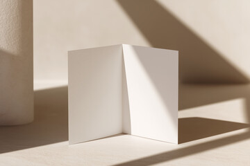 Blank folded card standing on beige background with dramatic sunlight and shadow, minimalist mockup for invitation, greeting, or brand stationery presentation