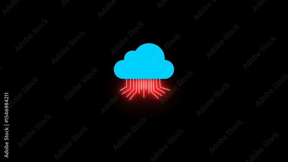 Poster digital cloud computing concept depicted with a bright blue cloud and neon red lines against a black