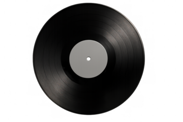 Classic black vinyl record with a blank white label, isolated on a transparent background, ready for customization