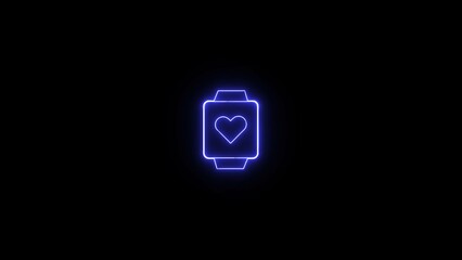 Glowing neon smartwatch icon displaying heart rate on a black background representing health and fitness monitoring
