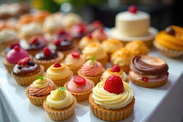 A dazzling array of mini desserts, including cakes, tarts, cookies, and pastries, displayed elegantly on a buffet table Perfect for weddings, parties, or events , tasty, elegant, candy