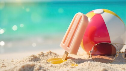 A vibrant summer scene featuring a refreshing popsicle melting in the sun, next to a beach ball and sunglasses, symbolizing carefree summer days , vacation, summer time