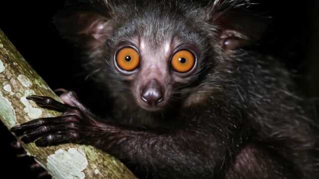 Aye-aye Lemur on Branch: Nocturnal Primate with Striking Orange Eyes in Madagascar