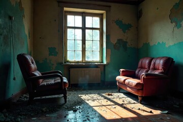 A shattered window, a broken chair, and overturned furniture depict the aftermath of a violent crime scene, highlighting the destruction and chaos left behind , criminal, trial, vulnerability