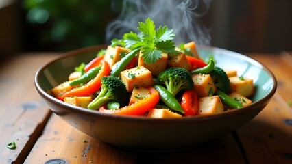 Vibrant Crispy-Edged Tofu Stir-Fry with Colorful Veggies and Fresh Herbs on Rustic Wooden Table for World Tofu Day