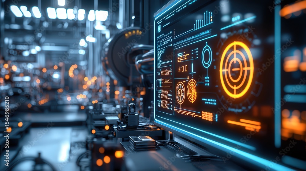 Poster Industrial automation control systems modern factory digital display high-tech environment close-up view future concepts