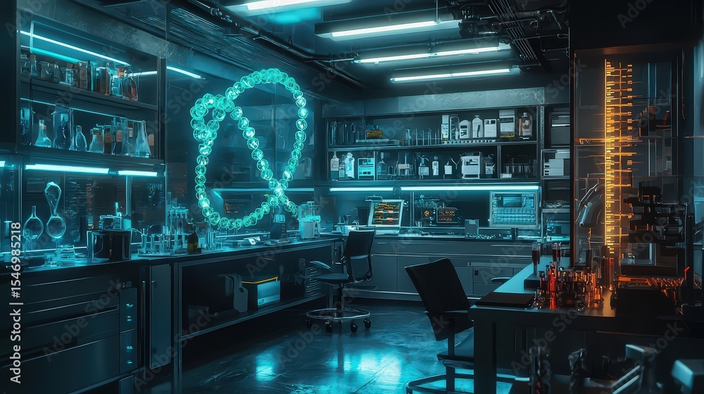Poster innovative research in high-tech laboratory science facility digital art futuristic environment pano