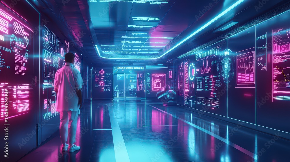 Poster Futuristic data exploration high-tech lab visual art neon environment perspective view innovation concepts