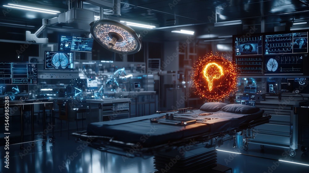 Poster exploring advanced neuroscience research in a high-tech laboratory futuristic environment scientific